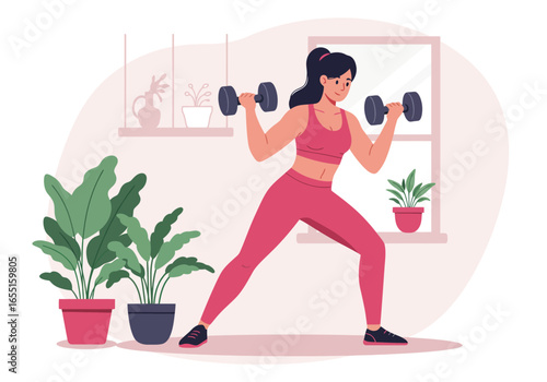 Woman exercising with dumbbells in a bright room with plants and a window.