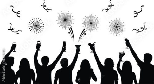 Vector art of silhouette of people celebrating with fireworks and drinks in a city