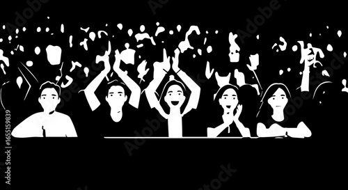 Highcontrast black and white illustration of a cheering crowd with hands raised in applause.