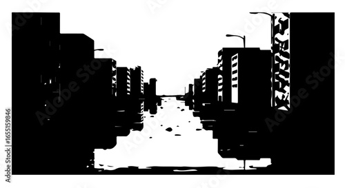 Highcontrast black and white illustration of a desolate rubblestrewn city street.