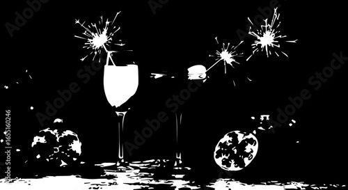 Highcontrast graphic of champagne glasses with lit sparklers and pomegranates for a celebration.