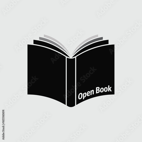 black vector silhouette of an open hardcover book with visible curved pages