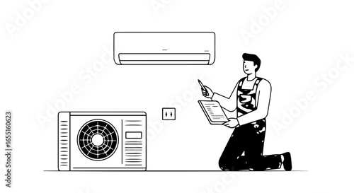 HVAC technician in overalls kneeling with a clipboard inspecting a split air conditioner.