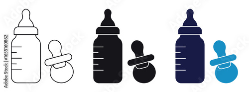 Baby bottle and pacifier icon set for infant care and feeding , vector illustration .