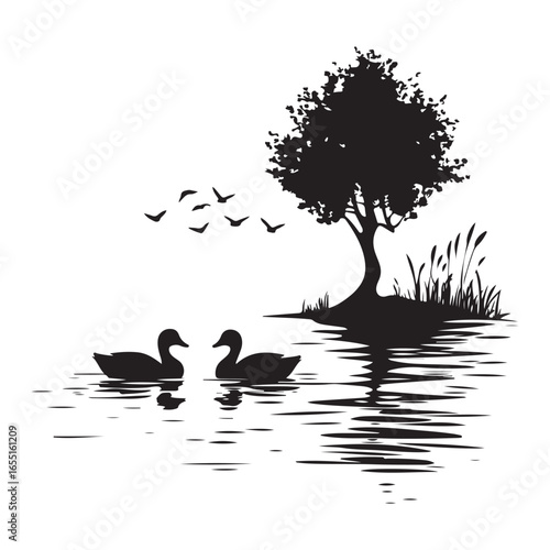 Mountains and trees encircle a misty body of water. Generative 