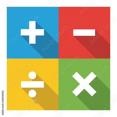 Mathematical Symbols: Four essential mathematical symbols, including addition, subtraction, multiplication, and division, are vividly displayed on color-blocked backgrounds.