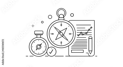 Line art illustration of a compass stopwatch and data report for strategic planning and time management.