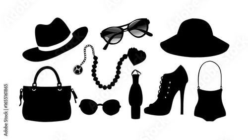 Fashionable accessories collection featuring hat sunglasses necklace dress and high heel shoes silhouette design