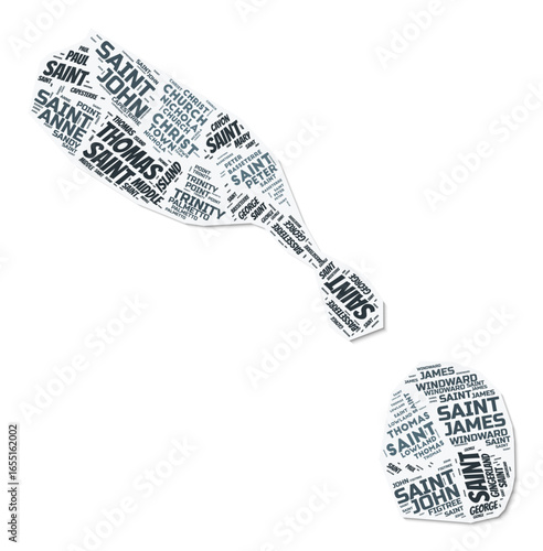 Saint Kitts and Nevis shape text cloud. Country border with shadow on white background. Saint Kitts and Nevis with regions division in vintage gazette style. Stylish vector illustration.