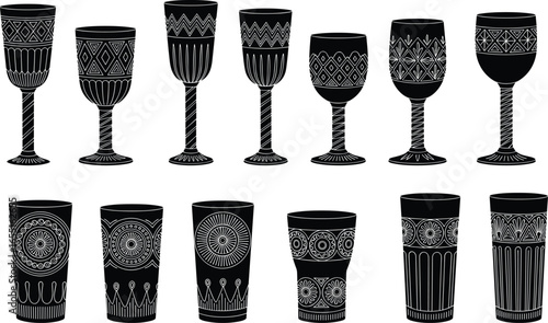 Collection of Black Silhouette Goblets and Glasses with Ornate Decorative Patterns for Vintage Tableware, Barware Design, Kitchen Decor, or Drinkware Vector