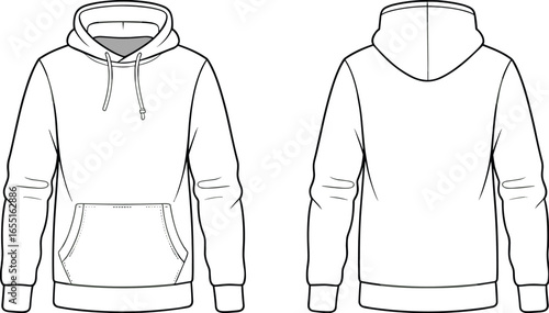 Front and back technical flat sketch of blank hoodie template with kangaroo pocket and drawstring hood for fashion design and garment production