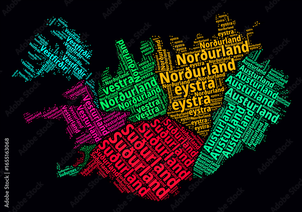 Obraz premium Iceland Word Cloud. Region names of the country in Icelandic language. Bright neon style design on dark background. Iceland shape with administrative division. Creative vector illustration.