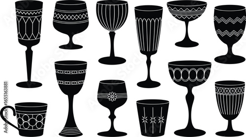 Silhouette Set of Vintage Decorative Glasses, Cups and Goblets in Black with Ornate Patterns for Retro Design, Barware or Kitchen Decor