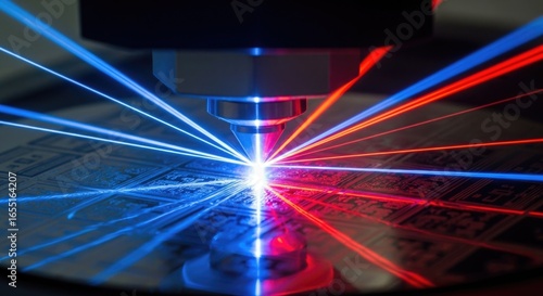 Precision laser engraving on silicon wafer with blue and red beams