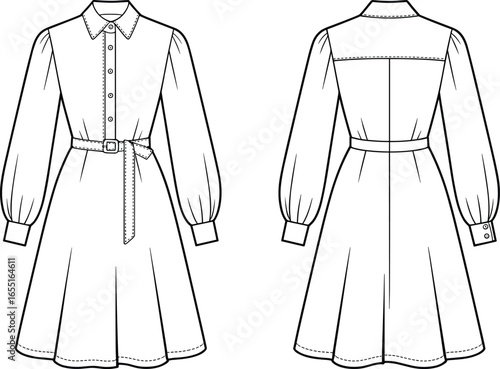 Technical flat sketch of a women's belted shirt dress with long puff sleeves, button front closure, cuffed sleeves, classic collar, and back yoke detail.