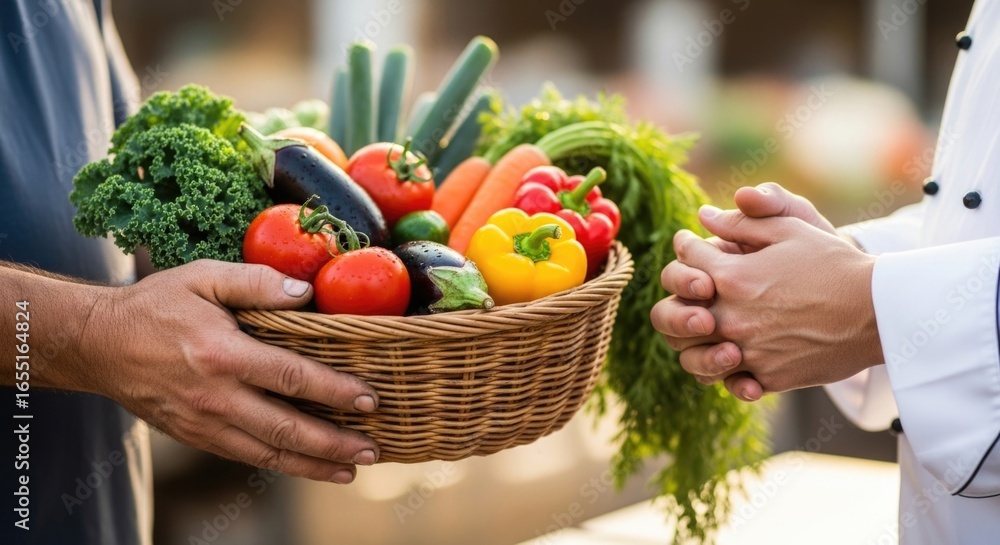 Fototapeta premium Chef receiving fresh vegetables in wicker basket from farmer in market setting