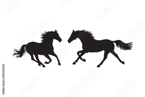 Two black horse silhouettes galloping together on a white background