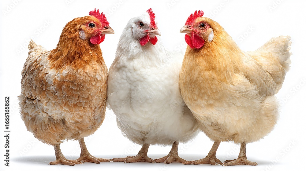 Fototapeta premium Three Chicken Isolated on White Background for Poultry and Farm Concepts