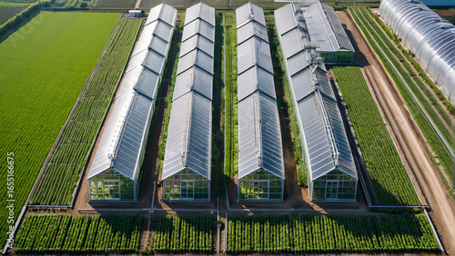 Symmetrical aerial view of industrial greenhouses reflecting sunlight