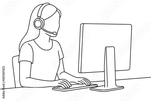 Line Art Illustration of Woman with Headset Providing Customer Support
