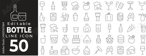 Bottles and beverages set of web icons in line style. Drink linear icons collection. Containing water bottle, soda, milk, wine, alcohol, lemonade, eco beverage, liquid, container, plastic, cartoon.