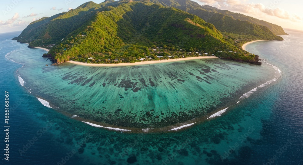 Fototapeta premium Lush Green Island Peninsula Cradled by a Vast, Crystalline Turquoise Coral Reef