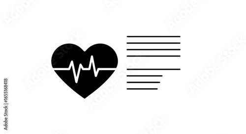 Minimalist black heart icon with a white heartbeat line next to stylized medical chart lines.