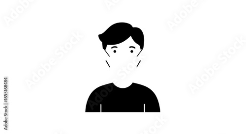 Minimalist black icon of a young man wearing a protective face mask for health safety.