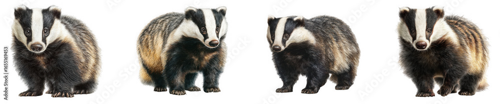 Fototapeta premium Four european badgers with distinctive black and white striped faces, isolated on a transparent background