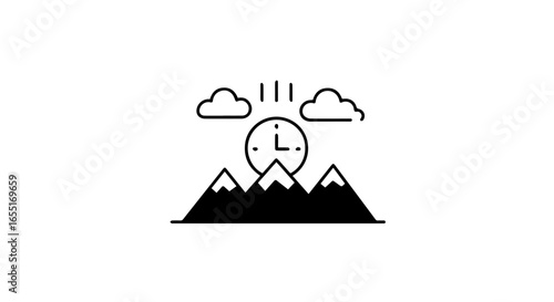 Minimalist black line icon of a clock rising over a snowcapped mountain range.