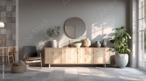 Sunlit minimalist interior featuring a wooden sideboard, mirror, chair, and potted plant