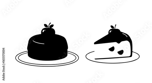 Minimalist black silhouette icons of a whole glazed cake and a slice with fruit topping on plates.