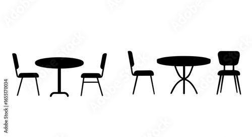 Minimalist black silhouette icons of two different dining table and chair furniture sets.
