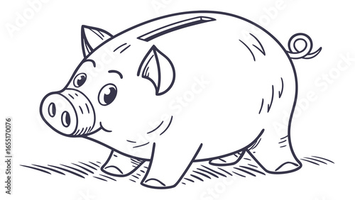 Illustration of a cartoon style piggy bank with a coin slot and curly tail in black and white
