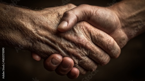 A closeup of two hands clasped in a firm handshake. One hand is wrinkled and aged, the other is youthful and smooth.