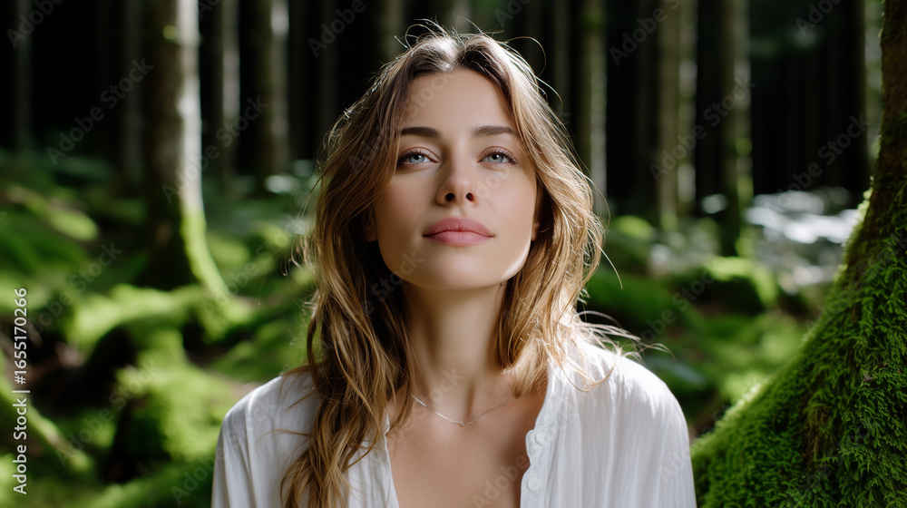 Naklejka premium Peaceful young woman in white shirt standing in lush green mossy forest surrounded by tall trees, natural light, and tranquil atmosphere, embodying calm, mindfulness, and nature
