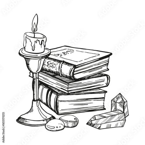 monochrome vector witchcraft, magic equipment, antique books, folios, magic crystals, candle in candlestick, black and white illustration of mystic theme, hand drawn sketch for fairy tale drawing