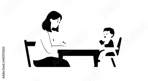 Minimalist black silhouette illustration of a mother and her young child sitting at a table.