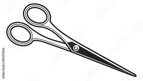 Illustration of a pair of black and white scissors with rounded handles and sharp cutting blades