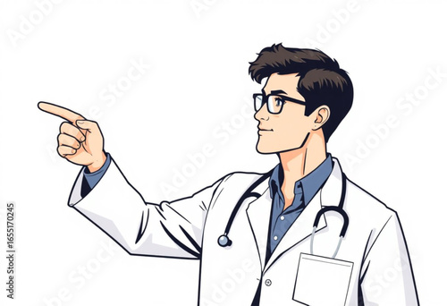 Médico indicando com a mão para o lado..