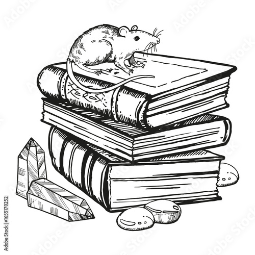 monochrome vector witchcraft, magic equipment, antique books, folios, magic crystals, sitting rat animal, black and white illustration of mystic theme, hand drawn sketch for fairy tale drawing