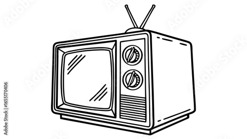 Illustration of an old television set with antenna and knobs in black and white outline style