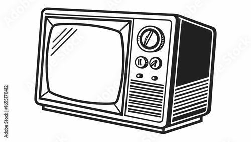 Illustration of a vintage television set with knobs and speaker grill in black and white outline style