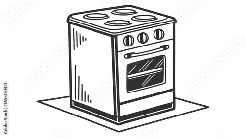 Illustration of a freestanding oven with four burners and oven door in a kitchen setting sketch