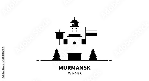 Minimalist black silhouette logo of a Murmansk landmark with a church and trees.