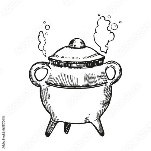 monochrome vector pot and vapor, kitcheners, cooks, witchcraft, magic equipment, old pot, black and white illustration of mystic, cooking theme, hand drawn sketch, fairy tale, food preparation drawing