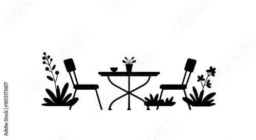 Minimalist black silhouette of a garden bistro set with two chairs a table and surrounding plants.