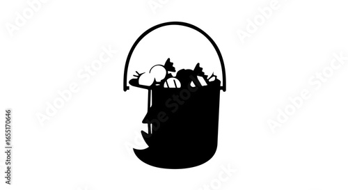 Minimalist black silhouette of a Halloween candy bucket creating an optical illusion of a human face profile.