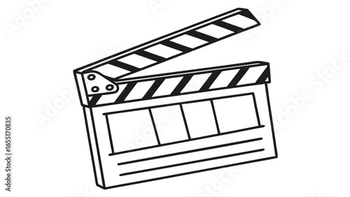 A hand drawn movie clapperboard with black and white stripes and a hinged top section is displayed