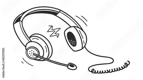 Illustration of a headset with a microphone and a coiled cord in black and white outline style